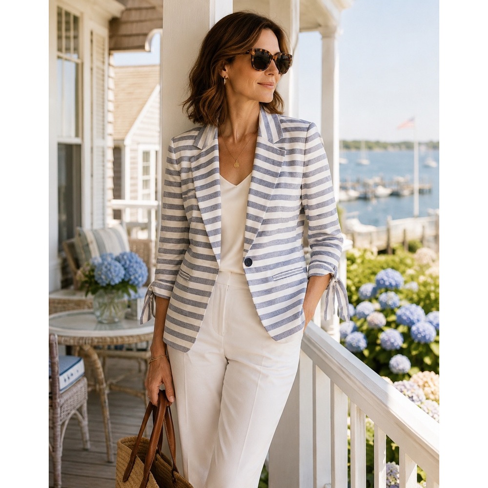 Nine West Linen Blend Nautical Blazer Blue White Striped Tie Sleeve Jacket